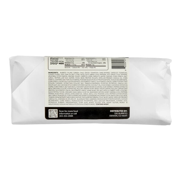 A wrapped Dis Burrito vegan breakfast burrito with a visible ingredients and nutrition label on the back.