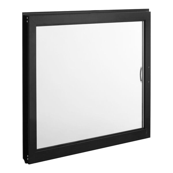 A rectangular black-framed glass door with a handle on the right side.