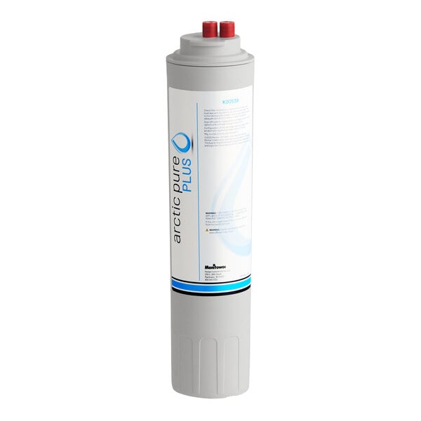 A cylindrical gray cartridge with a white and blue label, featuring two red connectors on top.