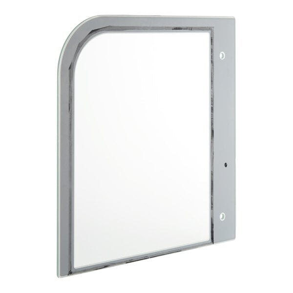 A rectangular glass panel with a rounded top left corner and three holes along the right edge, bordered by a white frame.