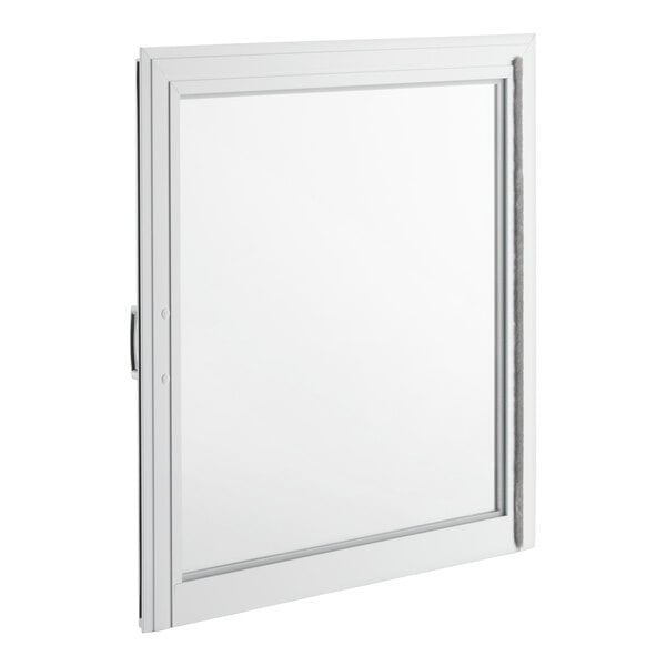 A white framed glass door with a handle on the left side and a vertical gasket on the right edge.