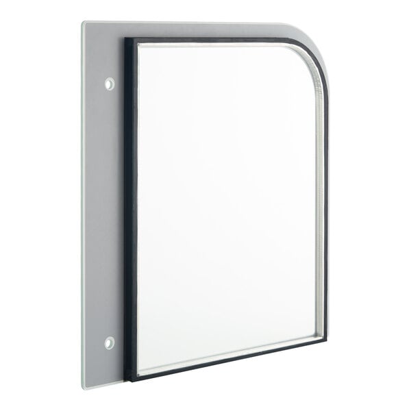 A rectangular glass panel with a rounded top right corner, mounted on a gray frame with two visible screw holes on the left side.