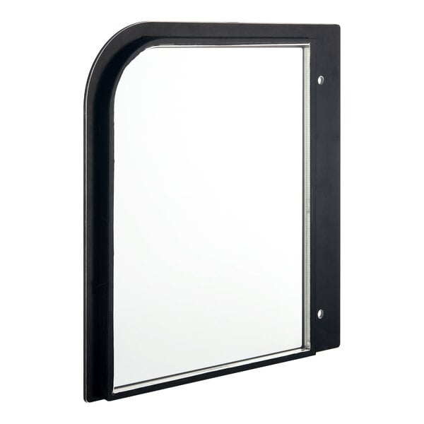 A rectangular glass panel with a black frame, featuring a rounded top left corner and two visible screw holes on the right side.