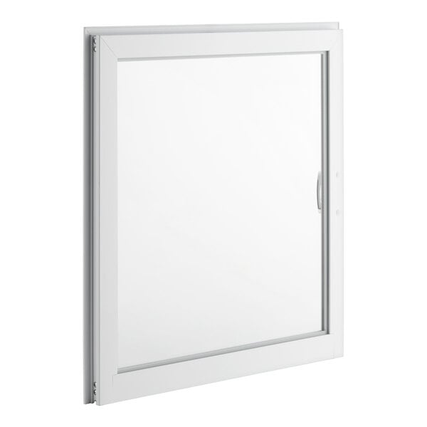 A white-framed glass door with a handle on the right side, viewed at an angle.