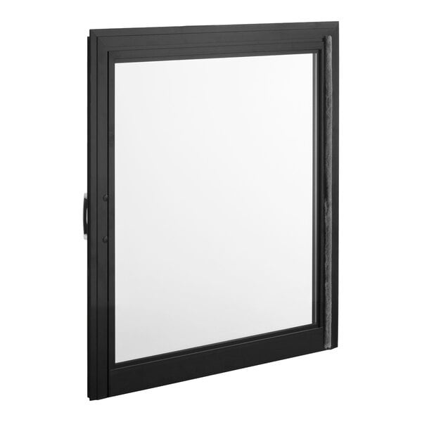 A rectangular glass panel with a black frame and a handle on the side.