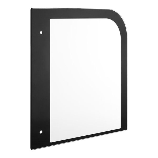 A rectangular glass panel with a black border, featuring two mounting holes on the left side and a rounded top right corner.