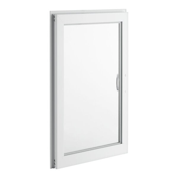 A white framed glass door with a handle, shown from an angled perspective.
