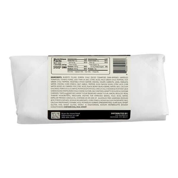 A wrapped breakfast burrito labeled with nutritional information and ingredients on the back.