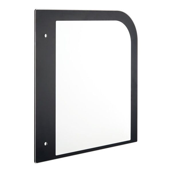 A rectangular glass panel with a black border, featuring two holes on the left side and a rounded top right corner.