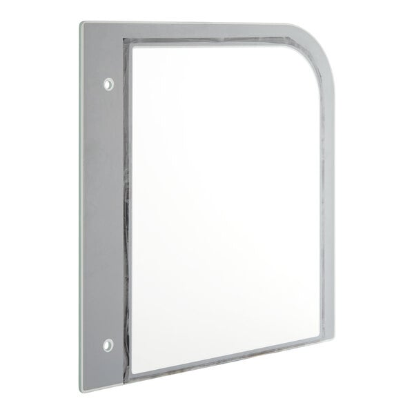A rectangular glass panel with two mounting holes on the left side and a rounded top right corner.