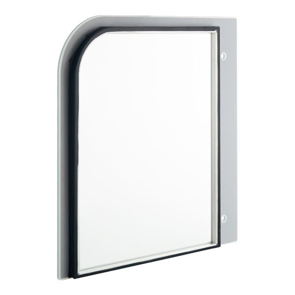 A clear glass panel with a white frame, featuring a rounded top left corner and two screw holes on the right side.