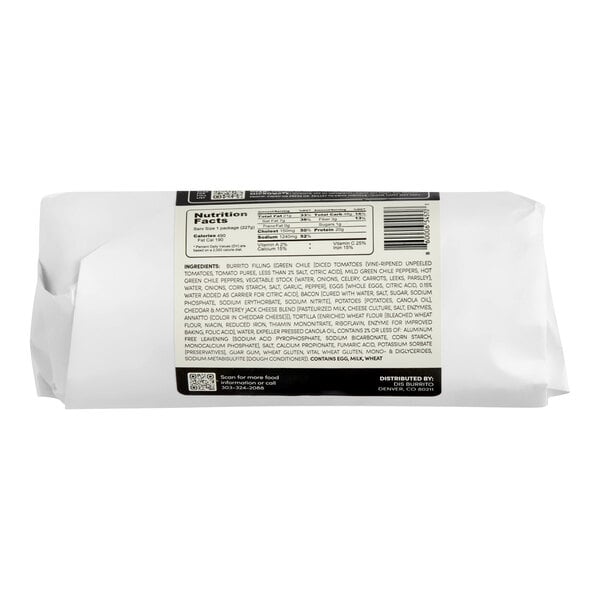 A wrapped 8 oz. bacon breakfast burrito with a visible nutrition and ingredient label on the packaging.