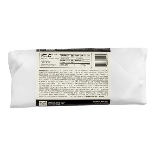 A wrapped breakfast burrito with a visible nutrition facts and ingredients label on the back.