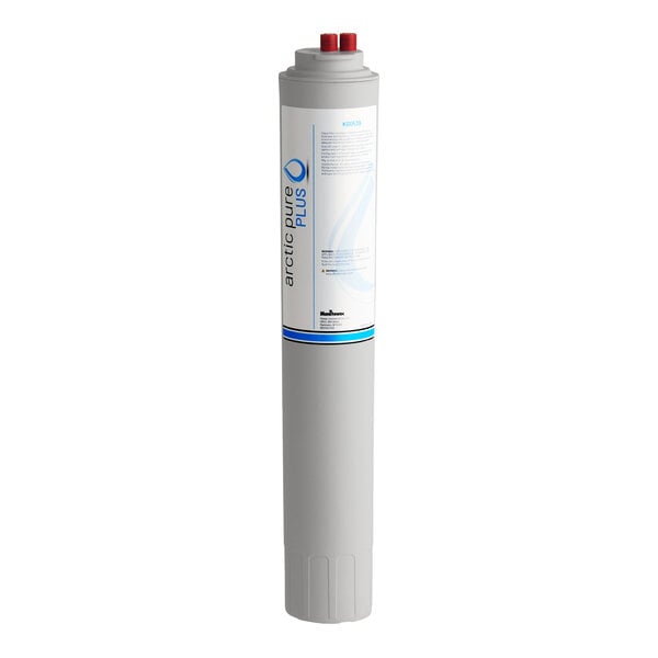 A tall, cylindrical filter cartridge with a gray body, a white label, and two red connectors on top.