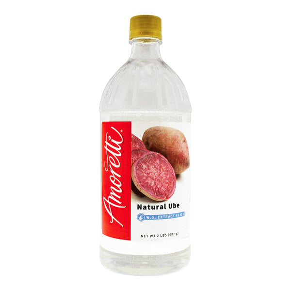 A 2-pound bottle of Amoretti Natural Ube Extract with a yellow cap and a label featuring images of ube.