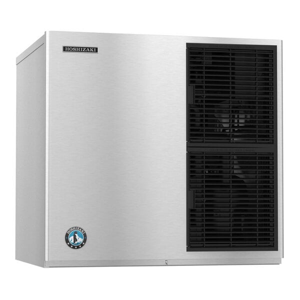 A stainless steel air-cooled modular crescent cube ice machine with black ventilation grilles on the front.