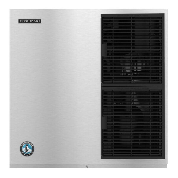 A stainless steel air-cooled modular crescent cube ice machine with black ventilation grilles on the right side.