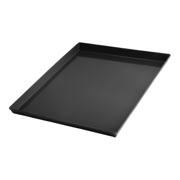 A rectangular, black pre-seasoned aluminum pizza pan with raised edges.