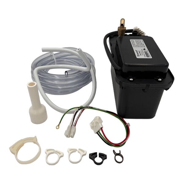 An Ice-O-Matic KPMP Drain Pump Kit for GEMU090, including a pump unit, tubing, wiring, and various mounting clips.