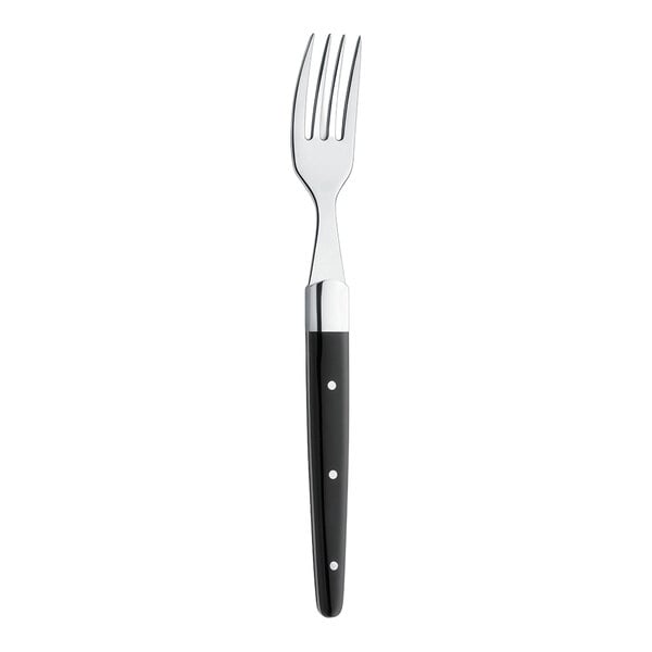 A stainless steel dinner fork with a black ABS handle and three rivets.