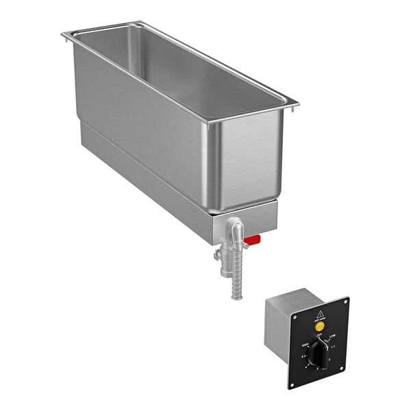 A stainless steel half-size long drop-in food warmer with a drain and a separate control panel.