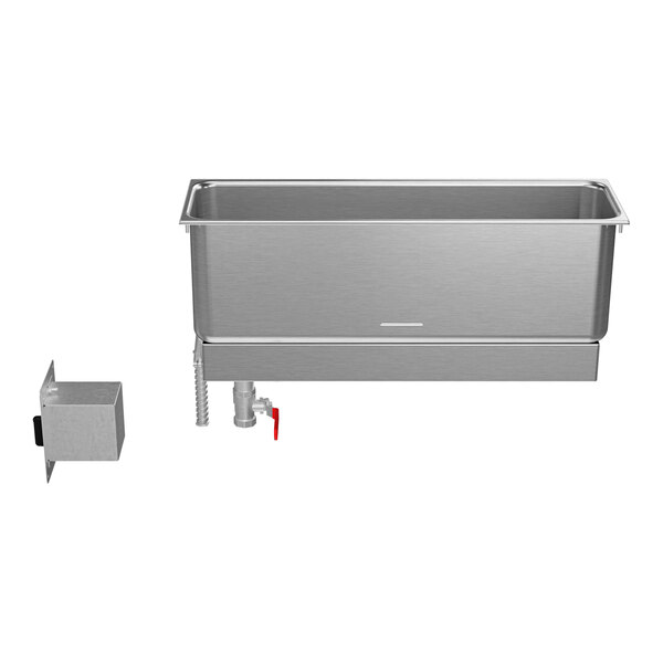 A stainless steel half-size long drop-in food warmer with a drain and control box.
