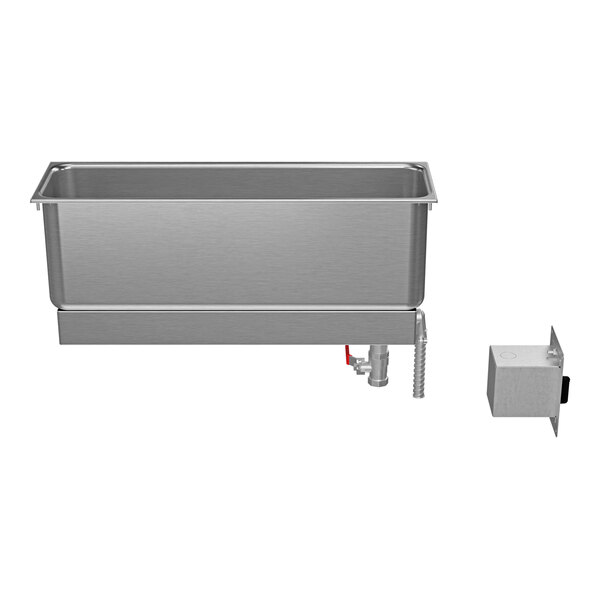 A stainless steel half-size long drop-in food warmer with a drain and separate control box.