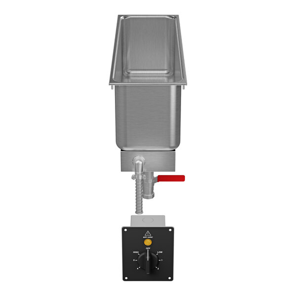 A stainless steel half-size long drop-in food warmer with a drain and control panel.