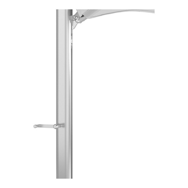 A white cantilever umbrella with a silver aluminum base and a Sunbrella awning-grade canopy.