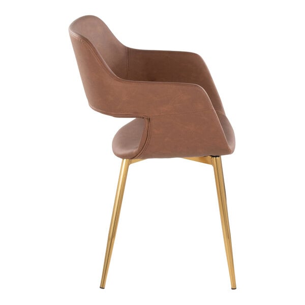 LumiSource Margarite Gold Metal Chair with Brown Faux Leather Bucket Seat and Armrests - 2/Case