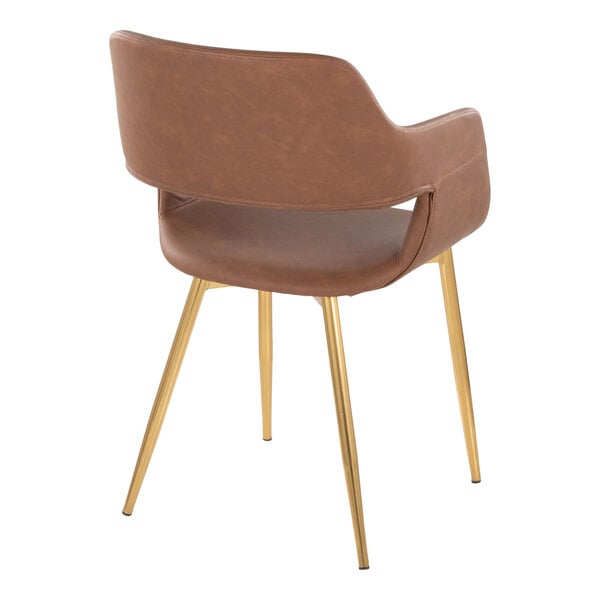 LumiSource Margarite Gold Metal Chair with Brown Faux Leather Bucket Seat and Armrests - 2/Case