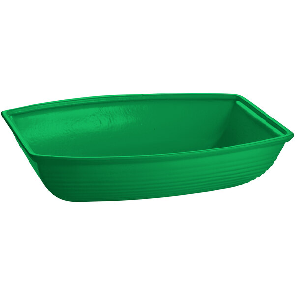 A green cast aluminum oblong salad bowl.