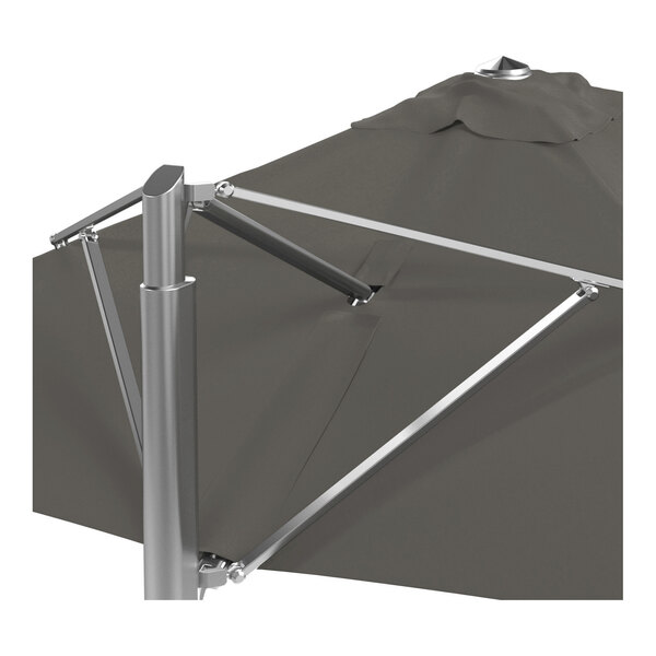 A charcoal gray square cantilever umbrella with a silver aluminum base and a Sunbrella awning-grade canopy.