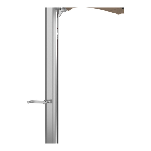 A silver aluminum cantilever umbrella base with a taupe Sunbrella canopy partially visible at the top.