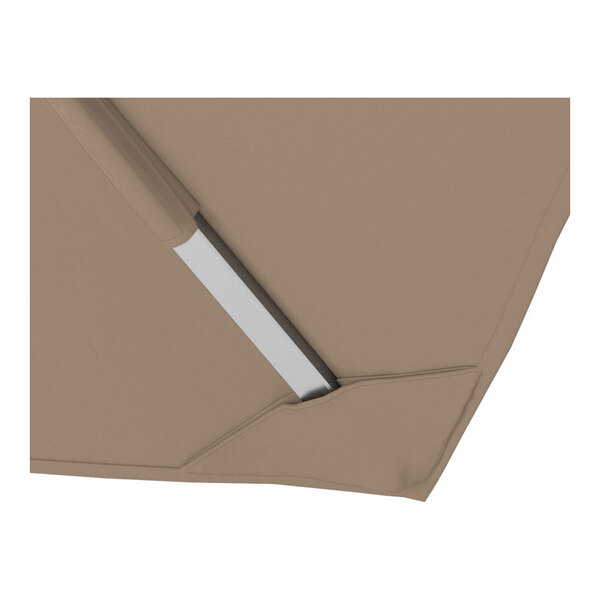 A taupe square cantilever umbrella with a silver aluminum base and a Sunbrella awning-grade canopy.