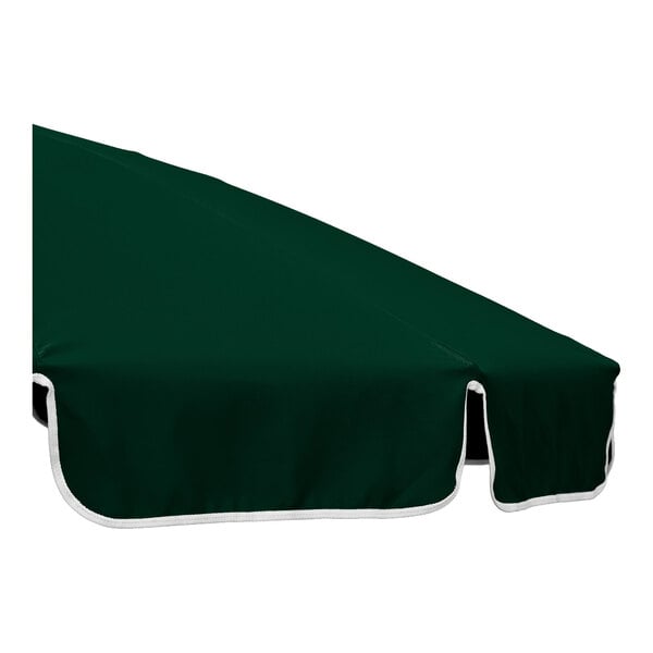 A forest green round umbrella canopy with natural binding trim.