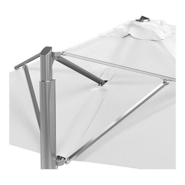 A white square cantilever umbrella with a silver aluminum base and Sunbrella awning-grade canopy.