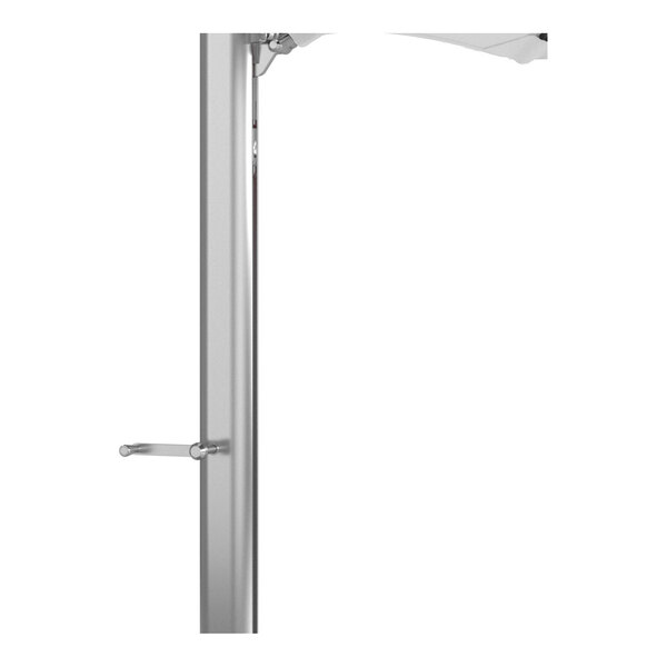 A white square cantilever umbrella with a silver aluminum base and a Sunbrella awning-grade canopy.