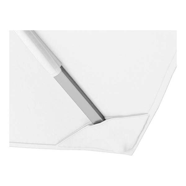 A white square cantilever umbrella with a silver aluminum base and a Sunbrella awning-grade canopy.