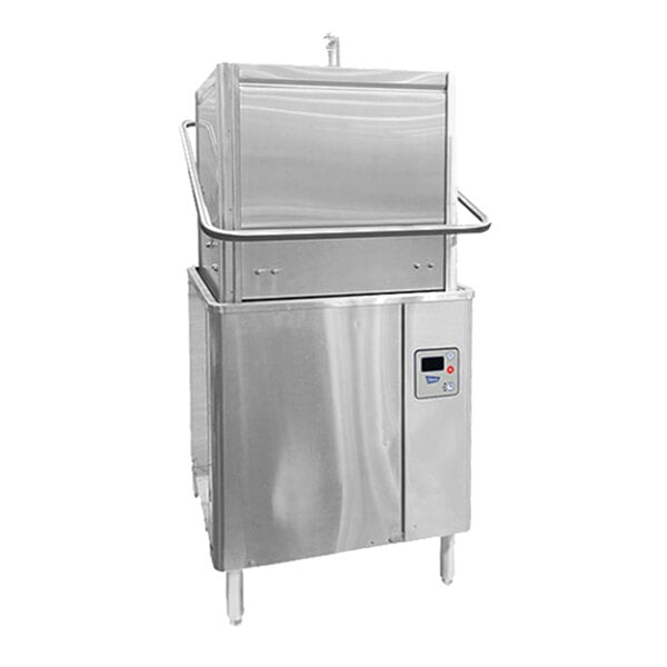 A stainless steel, door-type high-temperature commercial dishwasher with a digital control panel.