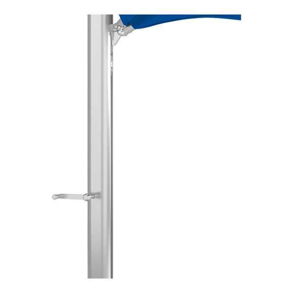 A silver aluminum cantilever umbrella pole with a blue canopy partially visible at the top.