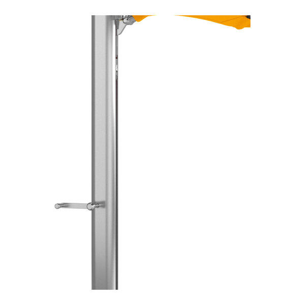 A silver aluminum cantilever umbrella pole with a sunflower yellow canopy partially visible at the top.