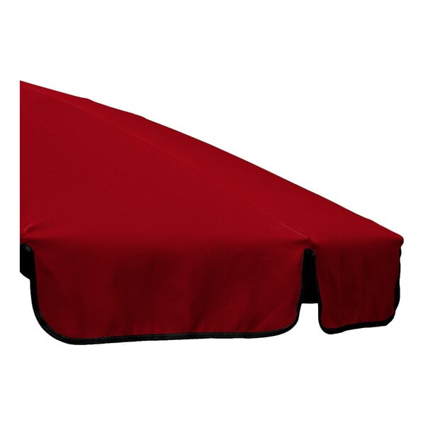 A red round umbrella canopy with black binding, designed for use with a black aluminum pole.