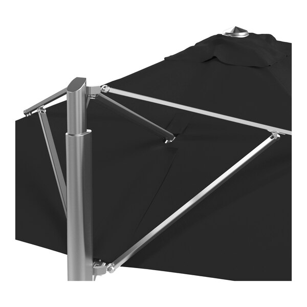 A black square cantilever umbrella with a silver aluminum base and frame.