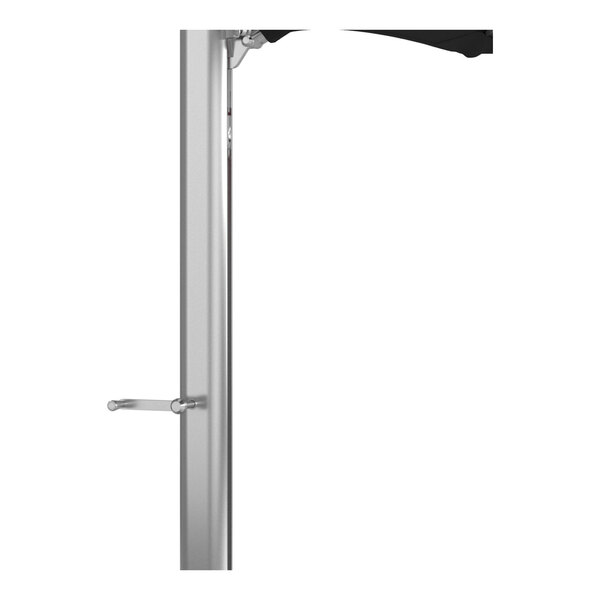 A silver aluminum pole with a crank handle, part of a cantilever umbrella with a black canopy.