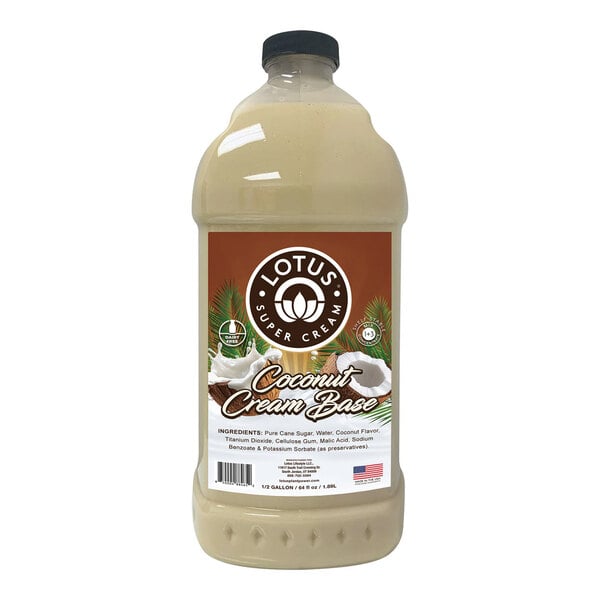 A 64 fl. oz. bottle of Lotus Super Cream Coconut Cream Base concentrate.