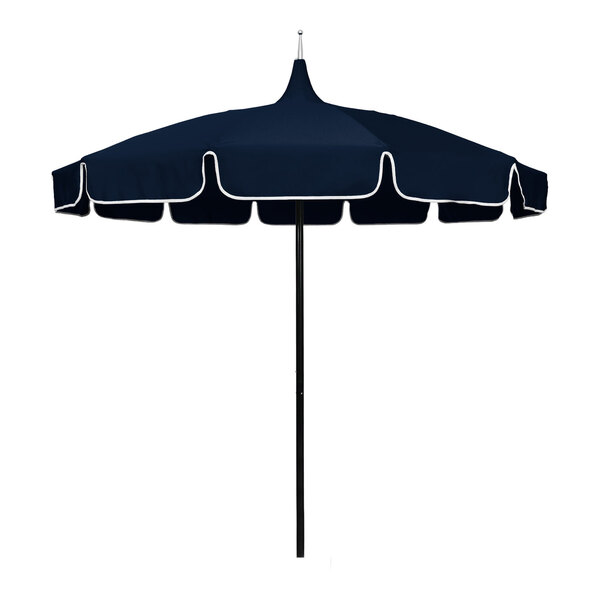 A navy round outdoor umbrella with a black aluminum pole and white trim along the canopy edges.