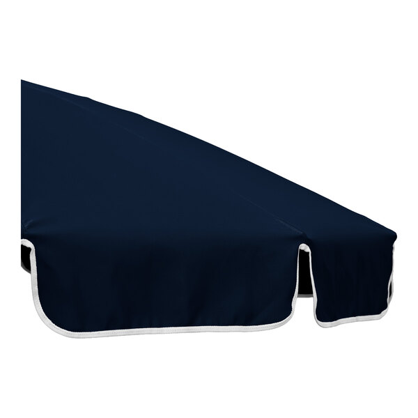 A navy round umbrella canopy with natural binding trim.