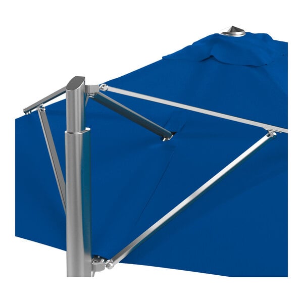 A square cantilever umbrella with a pacific blue canopy and a silver aluminum base.