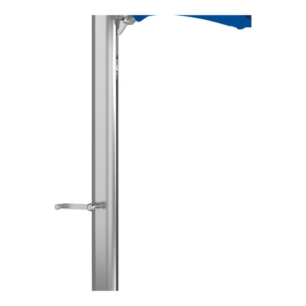 A silver aluminum cantilever umbrella base with a blue Sunbrella awning-grade canopy.
